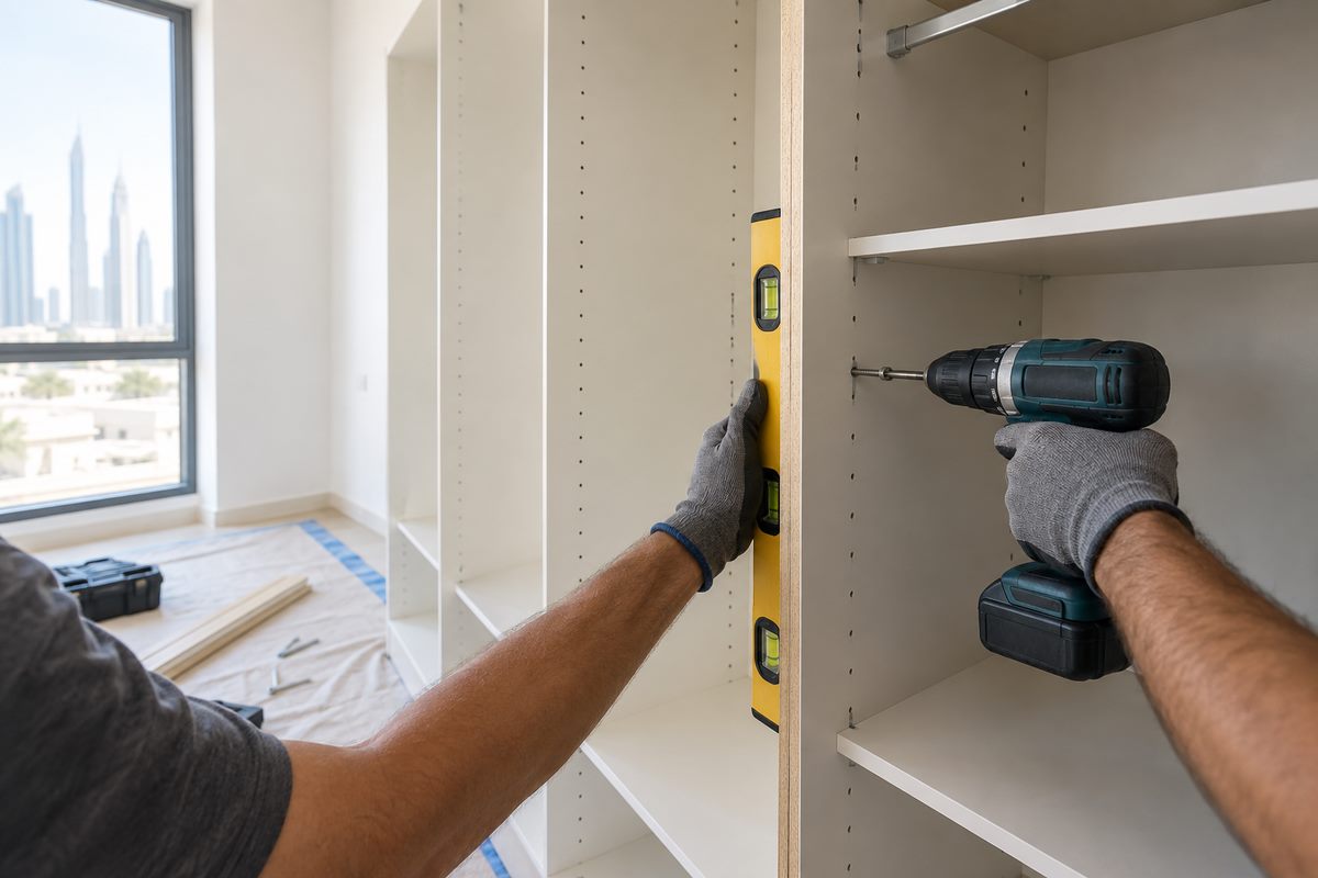 Cabinet maker near me - fitters installing a wardrobe carcass in a Dubai apartment