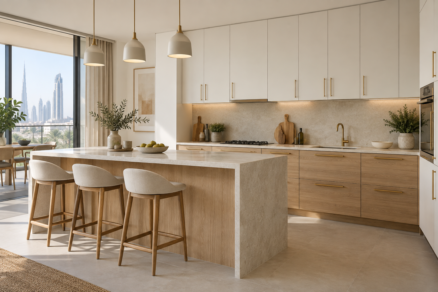 Replacement kitchen doors in a warm white and oak fitted kitchen with brass handles.