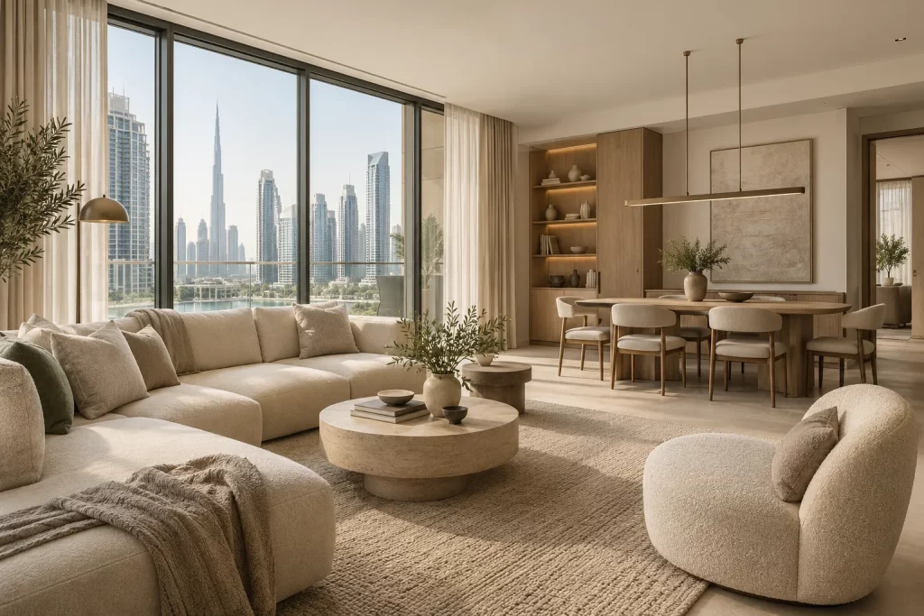Concept of an apartment renovation in Dubai: an open living and dining room with oak storage and city views