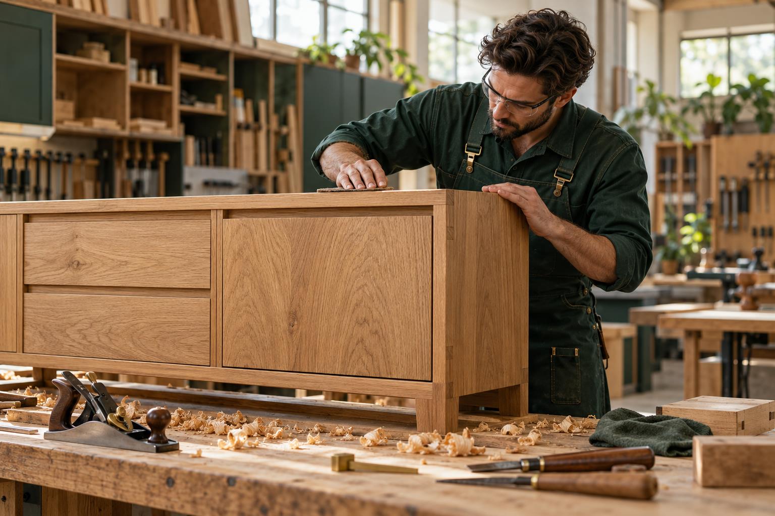 Illustration of a carpenter carefully finishing an oak cabinet in a joinery workshop