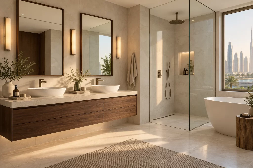 Bathroom renovation concept with a walnut double vanity and a glass walk-in shower