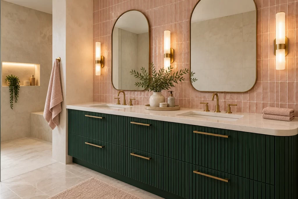 Bathroom renovation concept: a green fluted double vanity with brass taps and pink wall tiles
