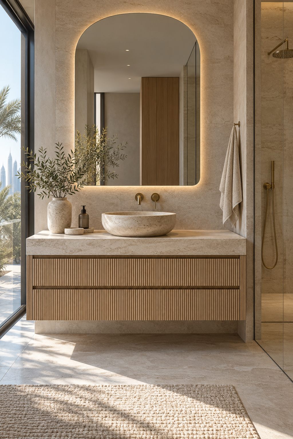 Floating oak and stone bathroom vanity for a Sharjah apartment