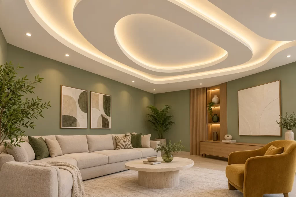 Ceiling renovation concept: a curved gypsum ceiling with cove lighting and downlights
