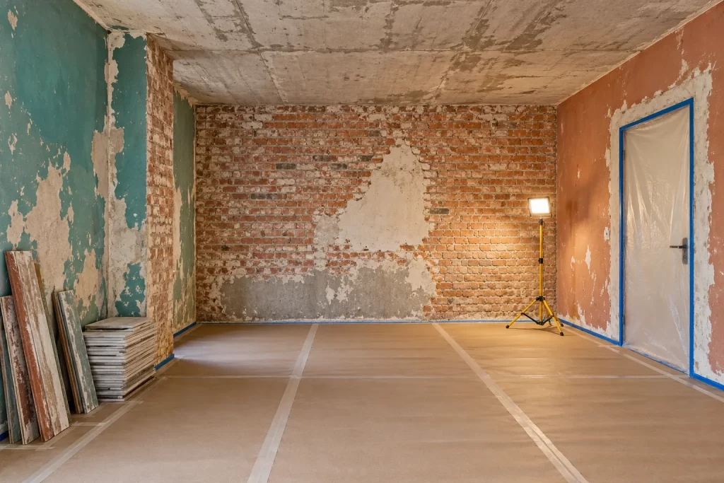 Demolition works concept: a room stripped back to brick, with the floor and door protected