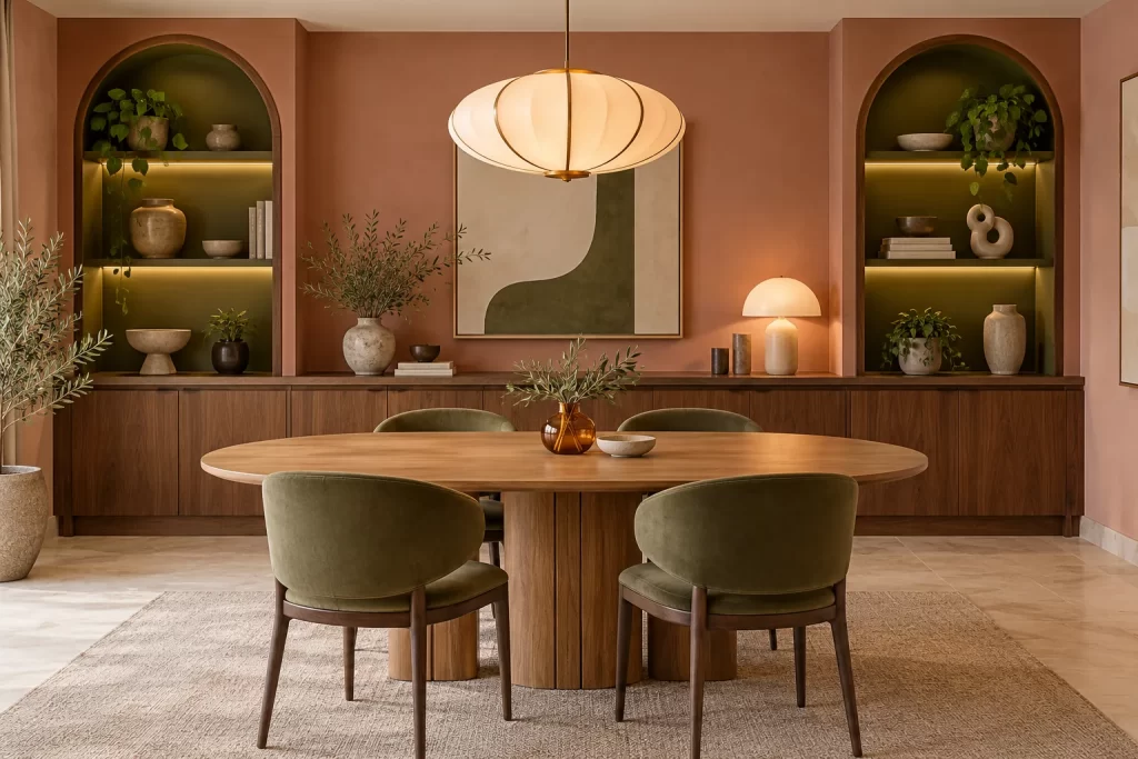 Dining room renovation concept: an oval table, arched lit niches and a walnut sideboard