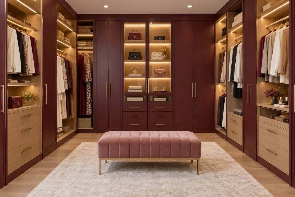 Dressing room renovation concept: burgundy fitted wardrobes with lit shelves and a central bench