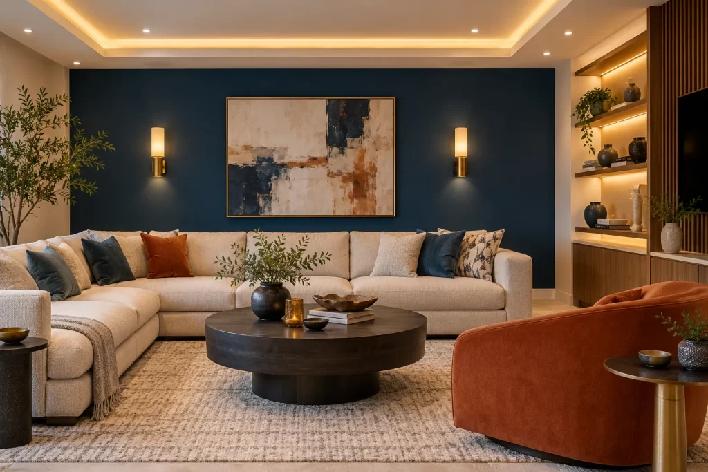 Electrical works concept: cove lighting, wall lights and lit shelves in a living room