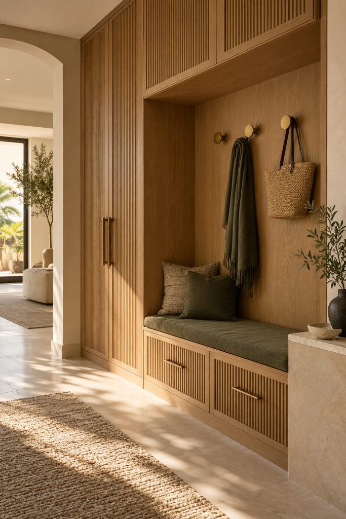 Custom oak entryway bench and storage