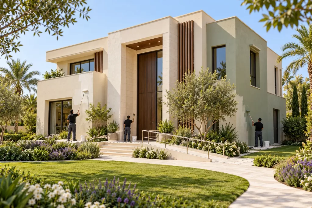 Concept of exterior painting on a modern Dubai villa: painters rolling cream and sage green paint onto the rendered facade