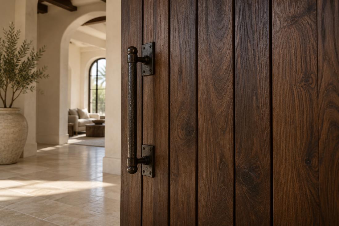 Dark timber farmhouse door and iron handle seen close up