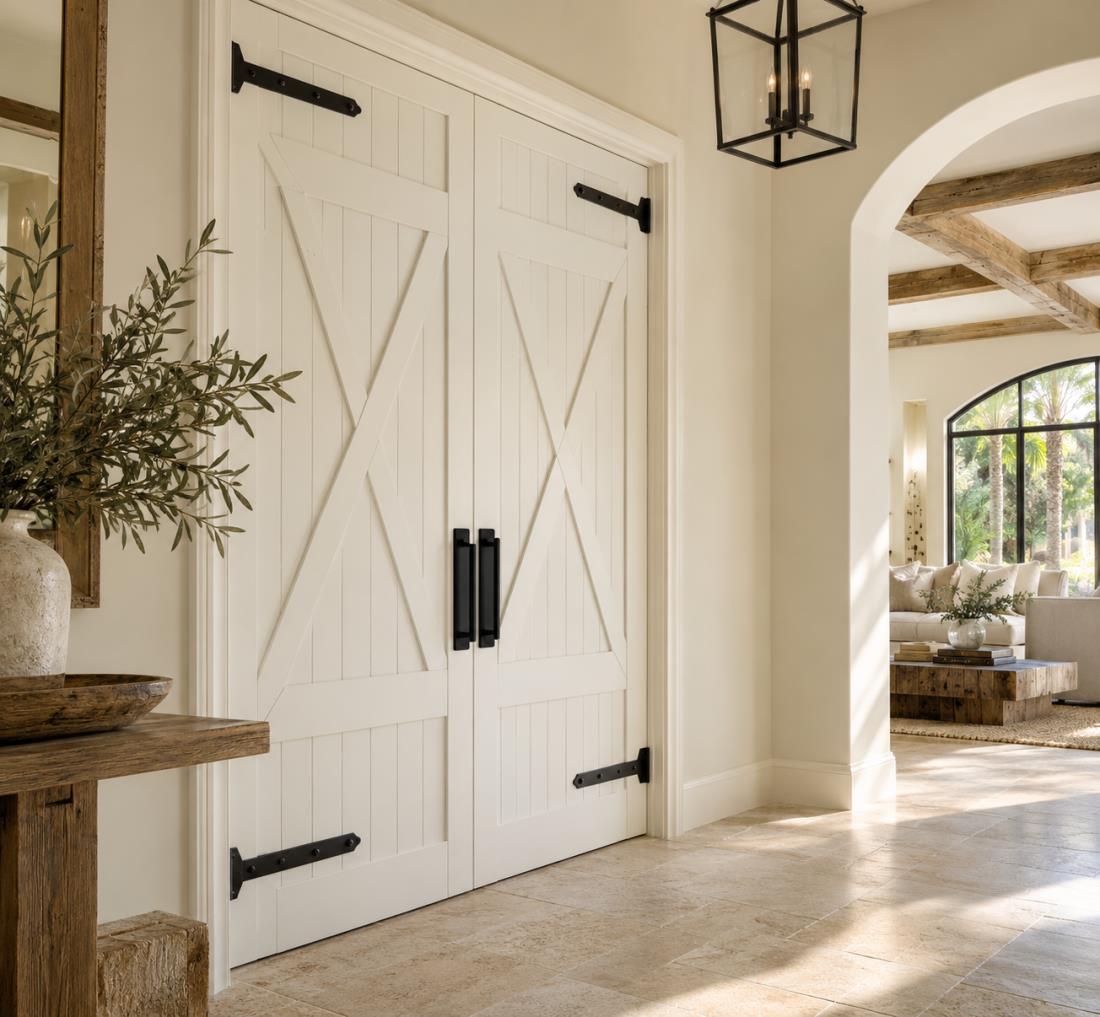 White X-brace farmhouse double doors viewed at an angle