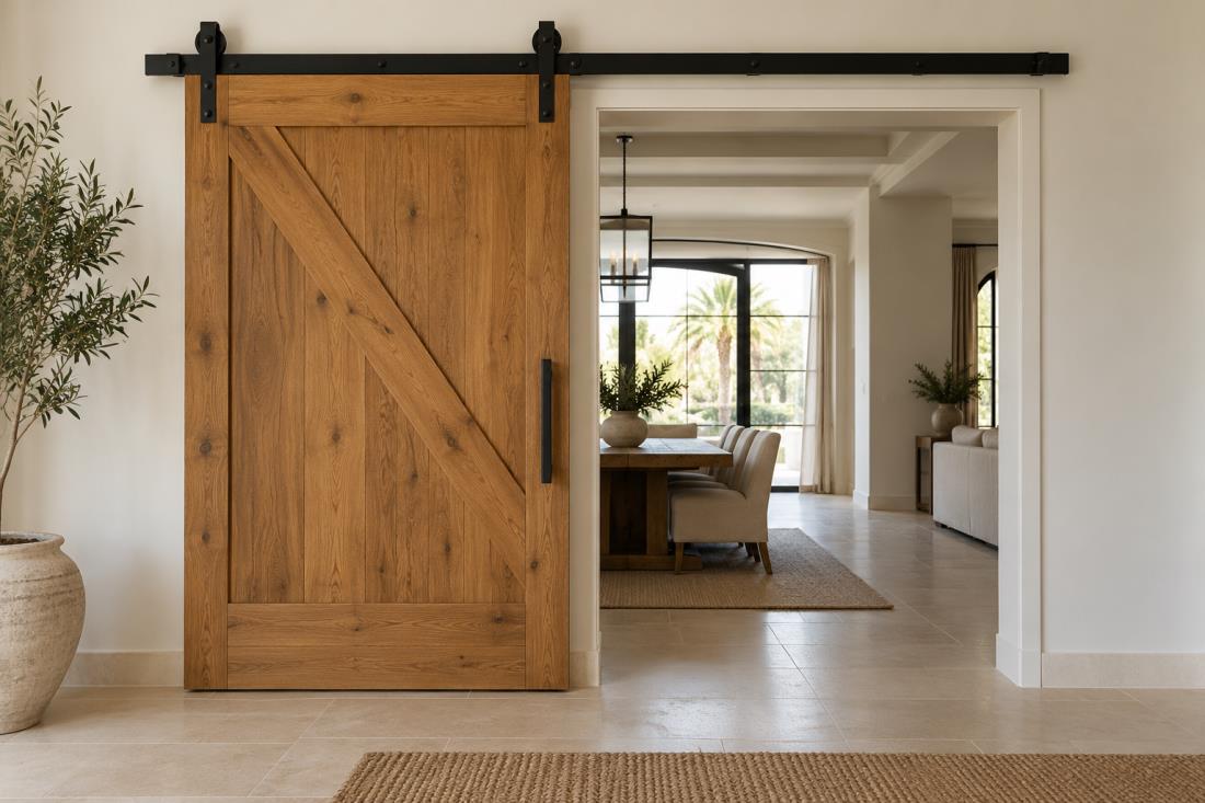 Oak sliding farmhouse door with black rail in a villa
