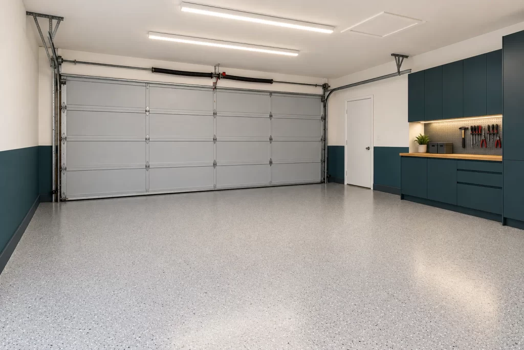 Concept of a garage renovation: coated speckled floor, two-tone washable walls, LED strip lights and fitted dark teal cabinets with a lit workbench