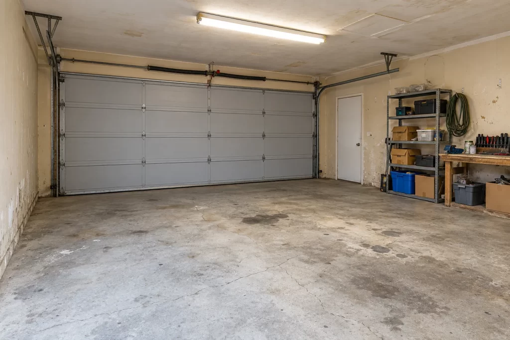 Villa garage before renovation: stained concrete floor, peeling walls, a single tube light and boxes on metal shelving