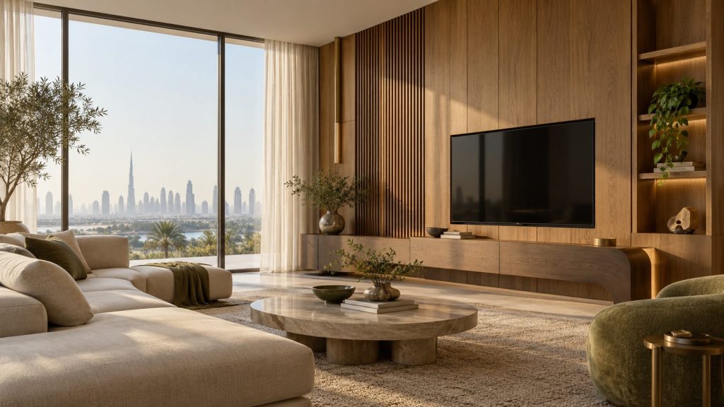 Bespoke walnut media wall and living room in a Dubai home
