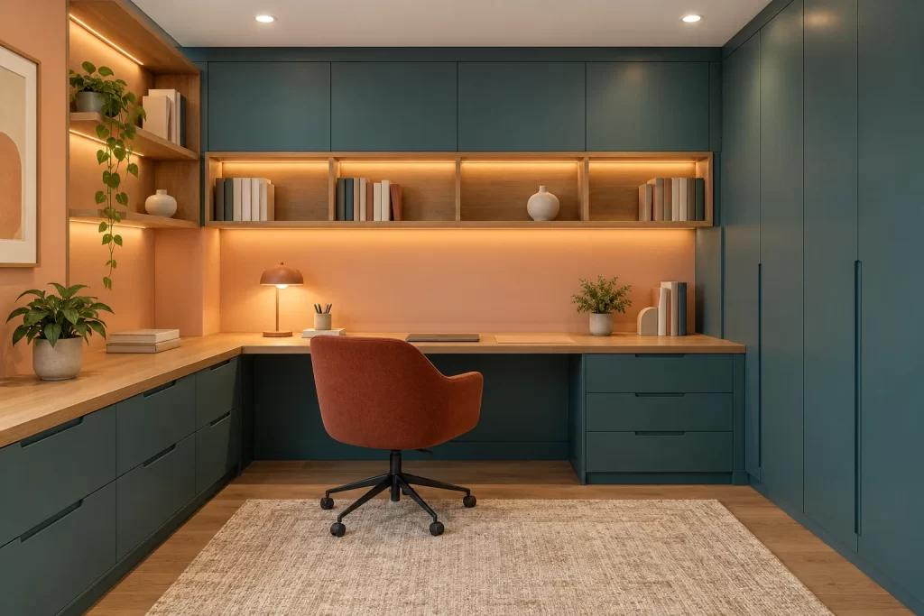 Home office renovation concept: a fitted teal desk wall with lit shelves and storage