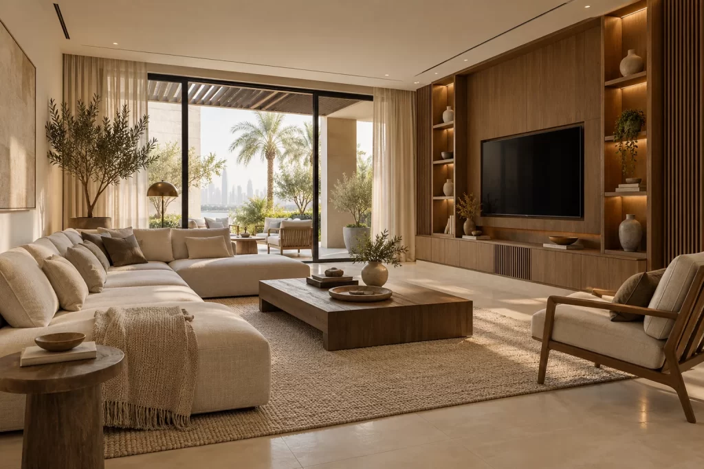 Home renovation concept with freshly painted interior walls, an oak media wall and fitted storage