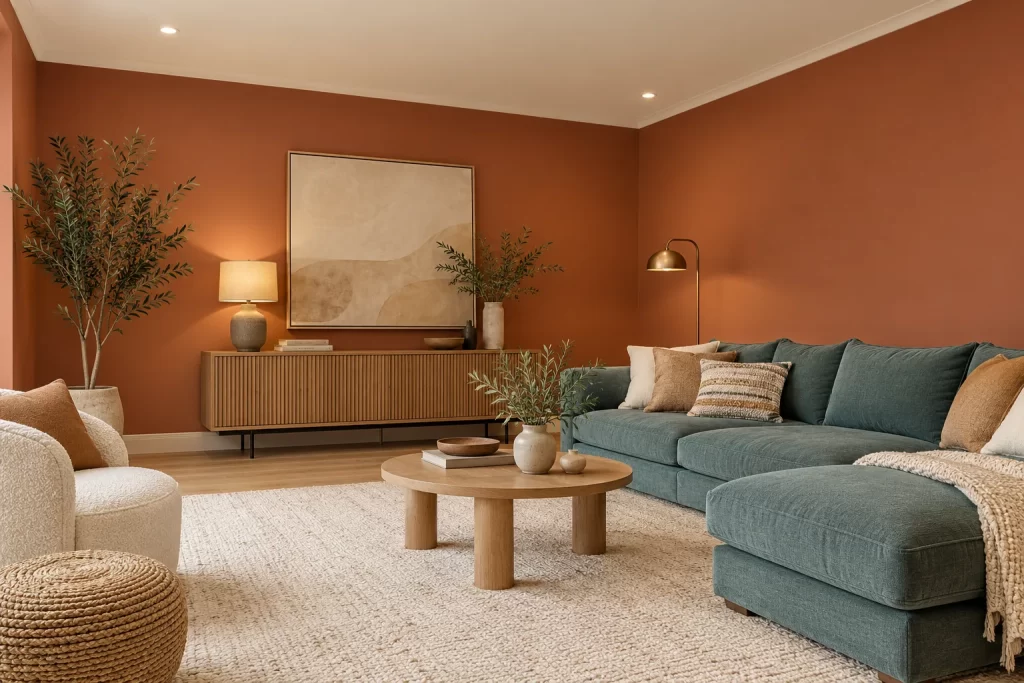 Interior painting concept: a living room with terracotta painted walls and a white ceiling