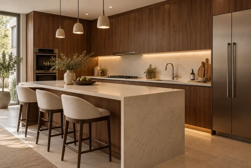 Kitchen renovation concept with walnut cabinets, a quartz island and integrated appliances
