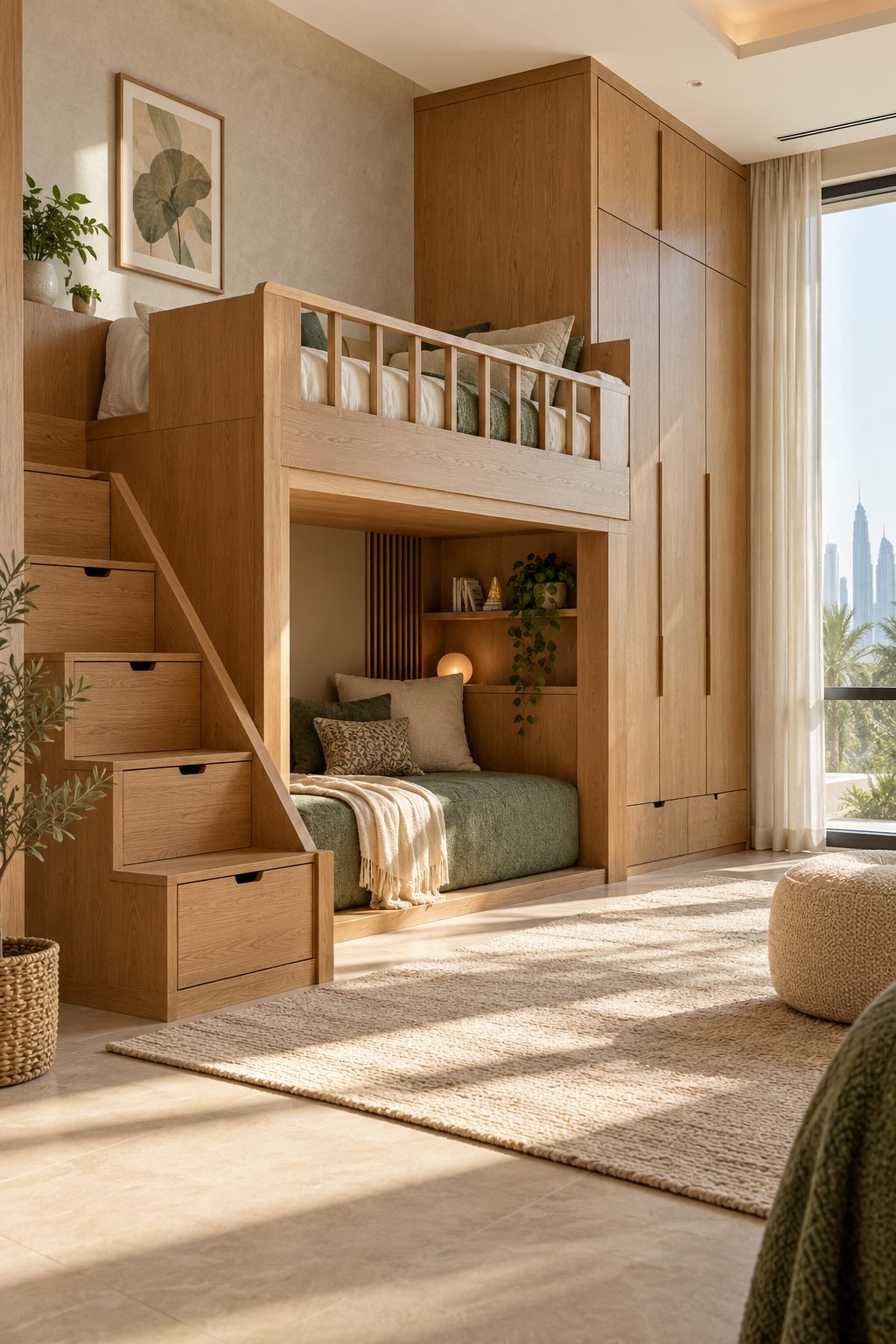 Oak loft bed with storage for a Mira Oasis children's bedroom