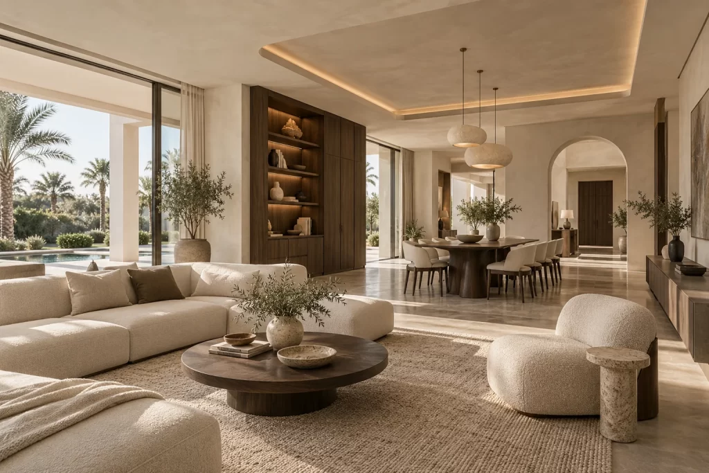 Concept for renovation services: connected living and dining spaces with walnut joinery