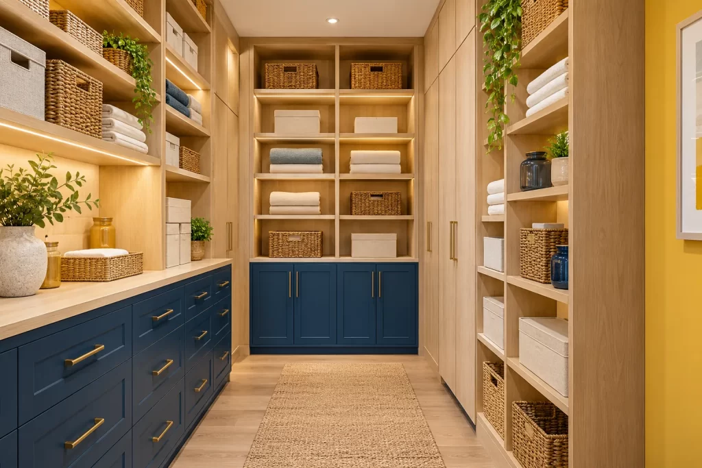 Storage room renovation concept: oak shelving, baskets and blue lower cabinets