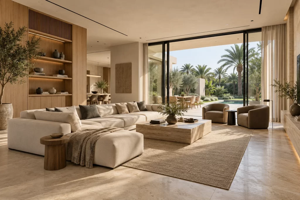 Concept of a villa renovation: a living room with oak joinery opening to the garden