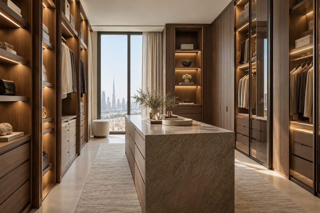 Bespoke walk-in wardrobe with walnut cabinetry