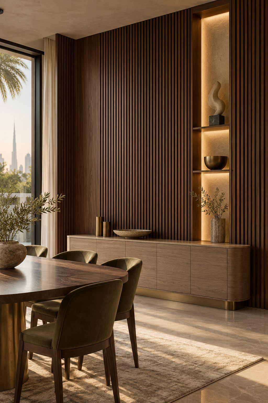 Handcrafted walnut wall panelling in an Emirates Hills dining room